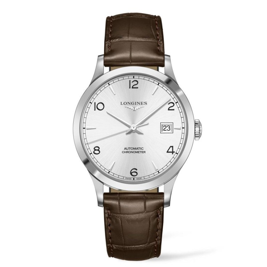 Orologi Longines Orologi Longines Uomo | Orologio Longines Record Acciaio Argento Pelle Marrone 40 Mm