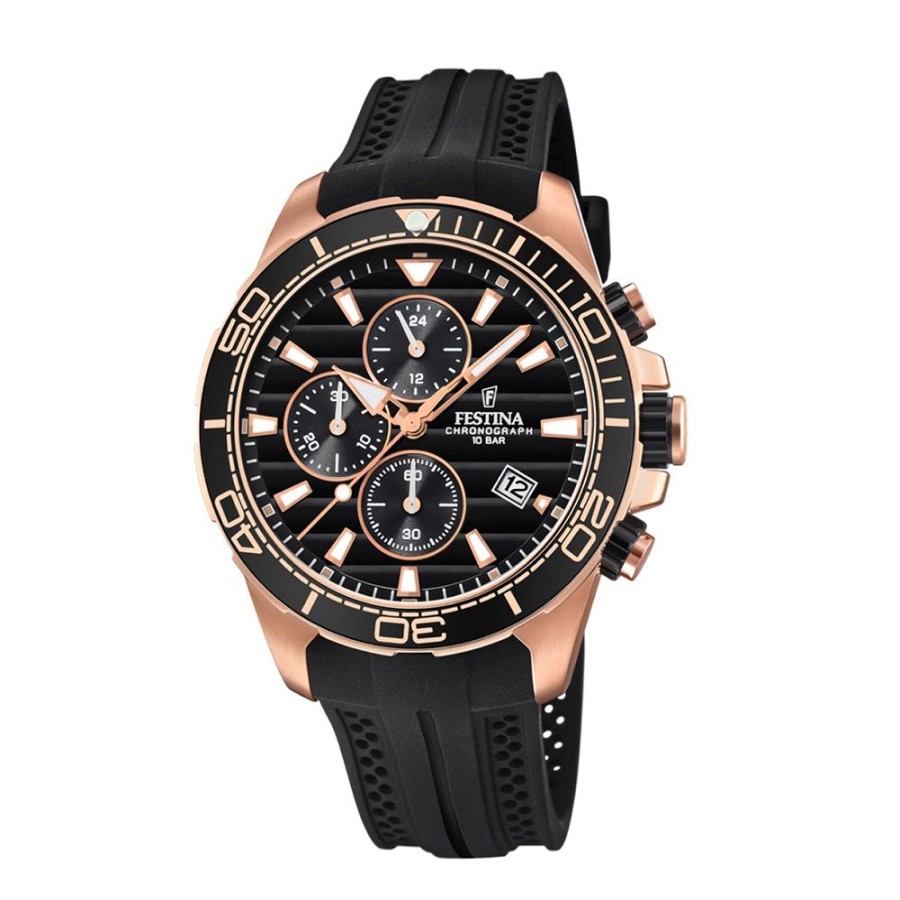 Orologi Festina Orologi Festina Uomo | Orologio Festina Uomo Chronograph Con Quadrante Nero Tridimensionale Cassa Acciaio Pvd Rosa Mm. 44 Collezione Prestige Con Cinturino In Gomma Nero