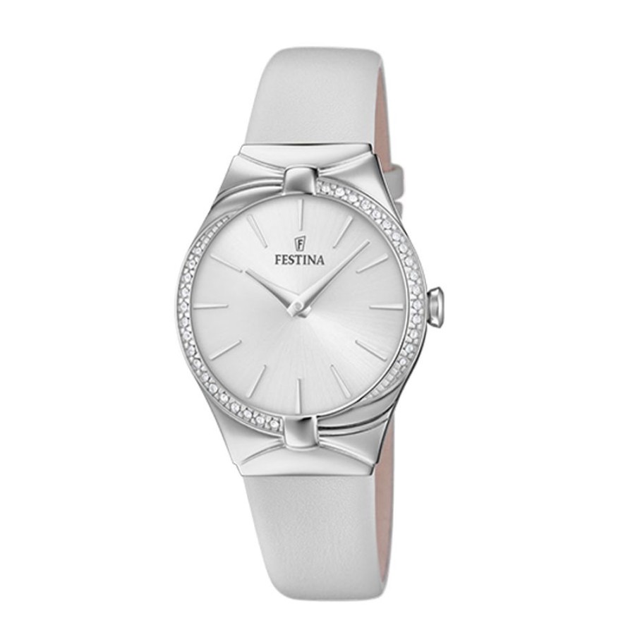 Orologi Festina Orologi Festina Donna | Orologio Festina Donna In Acciaio Mm. 30 Con Strass E Cinturino In Pelle Bianco Con Quadrante Argento