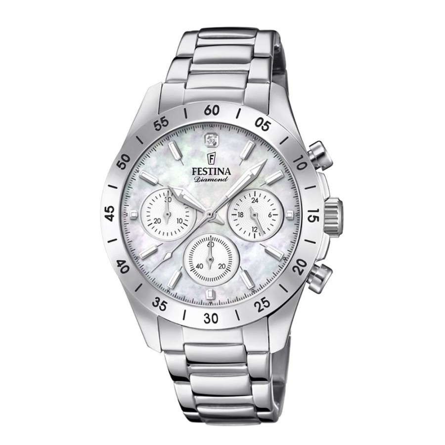 Orologi Festina Orologi Festina Donna | Orologio Festina Donna Chrono Diamond Cassa Mm. 38 Con Quadrante In Madreperla Bianca Collezione Boyfriend