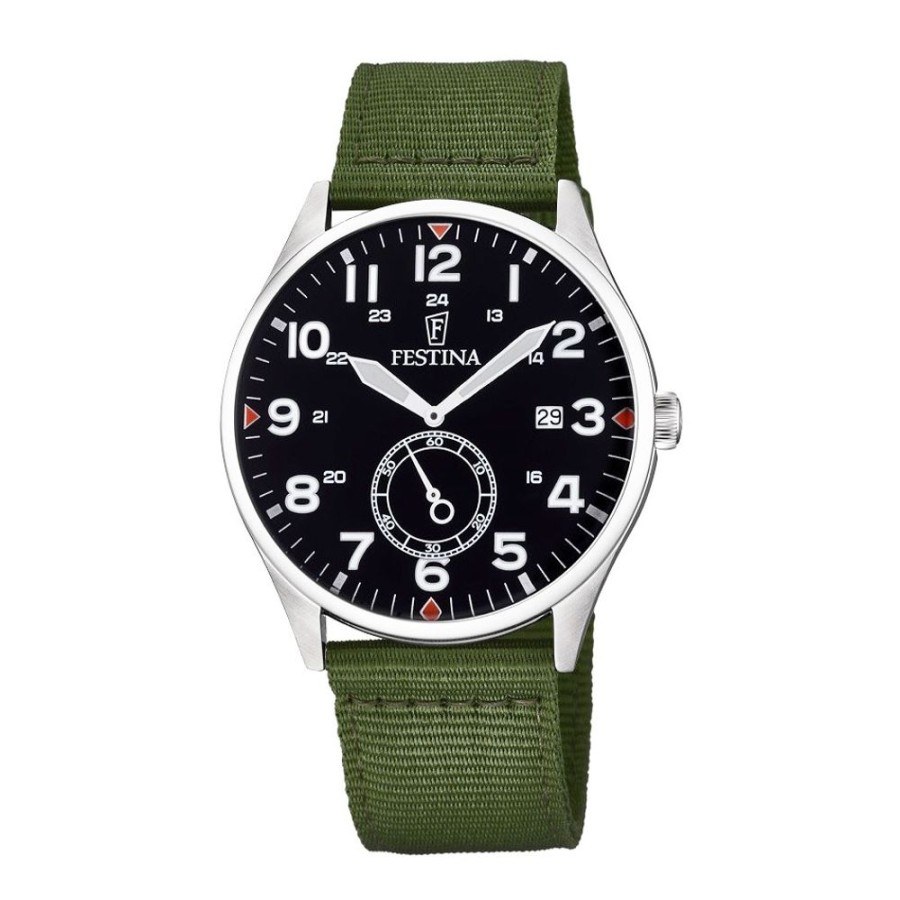 Orologi Festina Orologi Festina Uomo | Orologio Festina Uomo Collezione Retro Con Quadrante Nero E Cinturino In Canvas Verde Nato