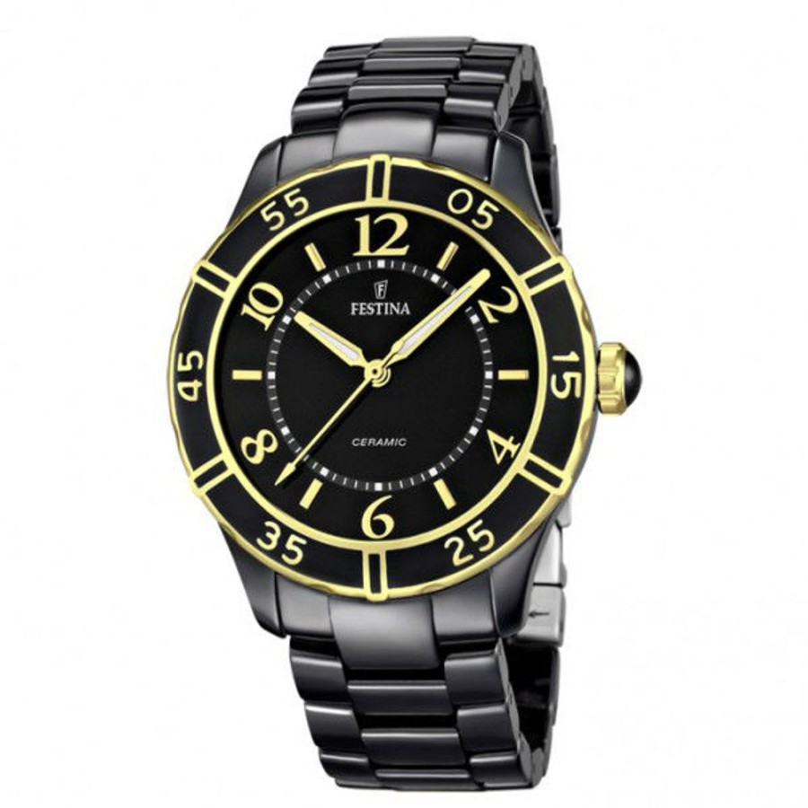 Orologi Festina Outlet Orologi | Festina Ceramic Donna Nero Placcato Oro Giallo