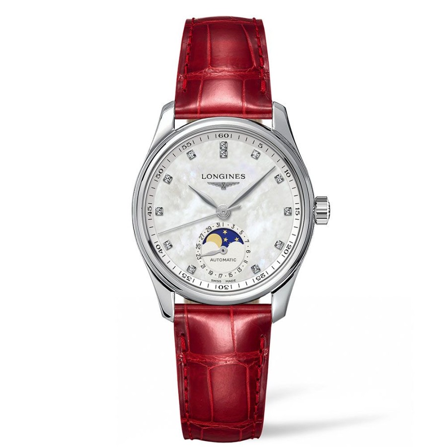 Orologi Longines Orologi Longines Donna | Orologio Longines Master Collection Automatico Acciaio Bianco Pelle Rossa 34 Mm