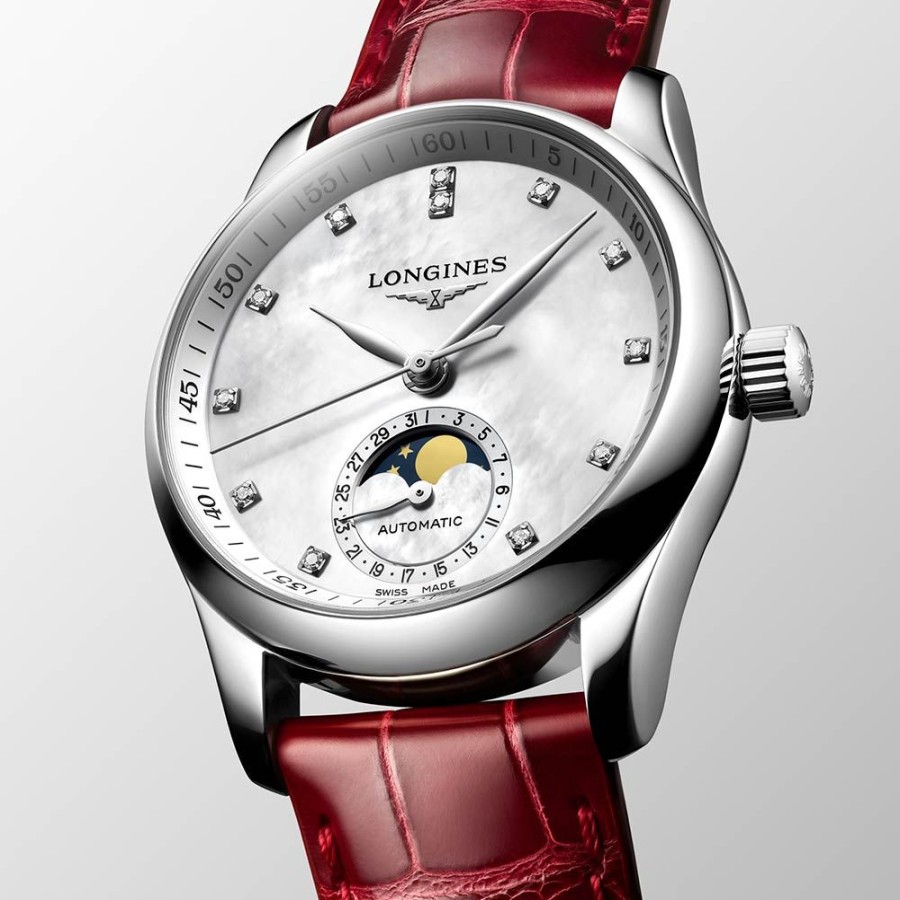 Orologi Longines Orologi Longines Donna | Orologio Longines Master Collection Automatico Acciaio Bianco Pelle Rossa 34 Mm