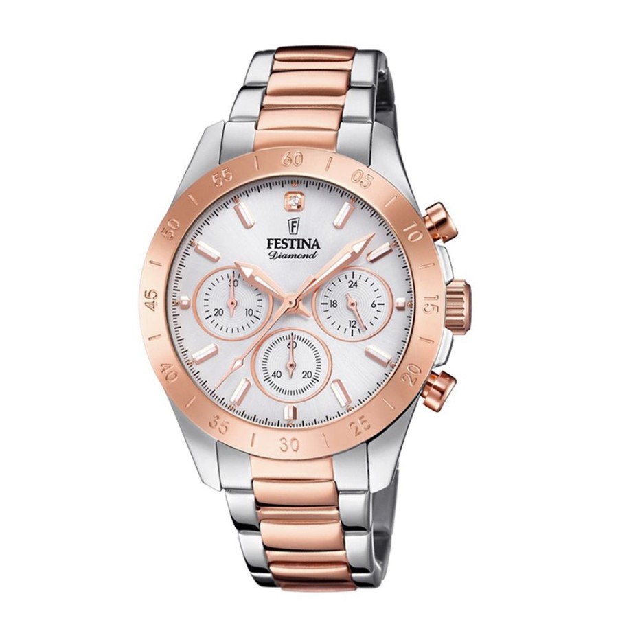 Orologi Festina Orologi Festina Donna | Orologio Festina Donna Chrono Diamond Acciaio Placcato In Oro Rosa Cassa Mm. 38 Con Quadrante Argento Collezione Boyfriend