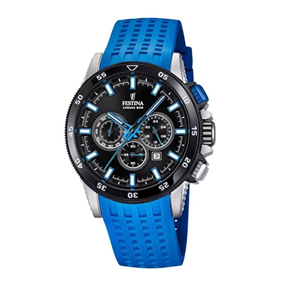 Orologi Festina Orologi Festina Uomo | Orologio Festina Chrono Bike Uomo In Acciao Mm. 43 Quadrante Nero E Cinturino Gomma Azzurro