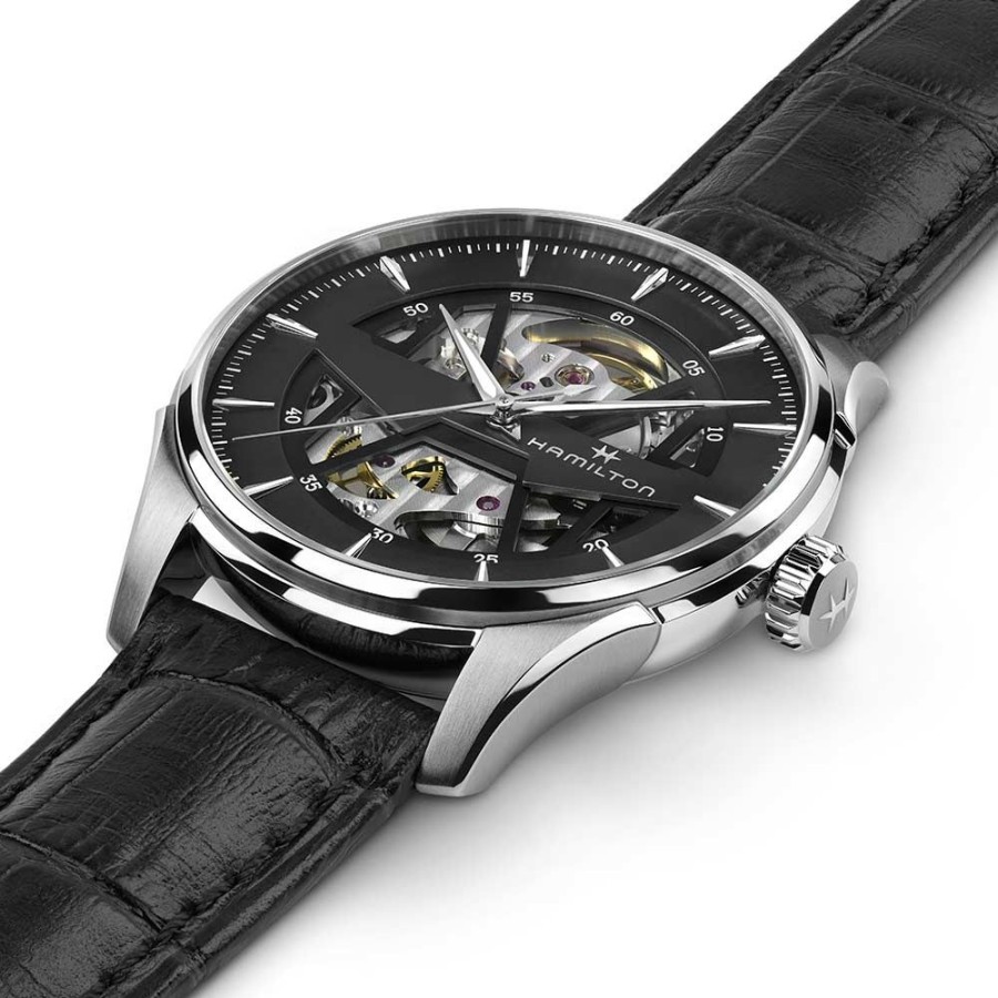 Orologi Hamilton Orologi Hamilton Uomo | Orologio Hamilton Jazzmaster Skeleton Auto Automatico Acciaio Antracite Pelle Nera 40 Mm