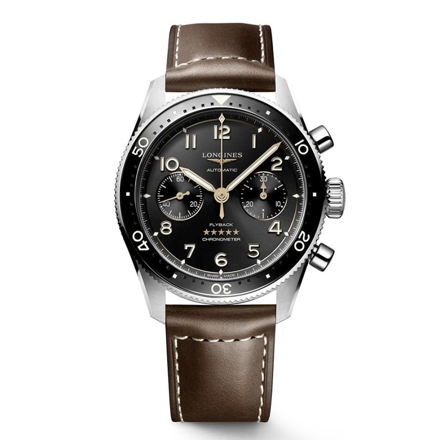 Orologi Longines Orologi Longines Uomo | Orologio Longines Spirit Flyback Automatico Nero Pelle Marrone 42 Mm