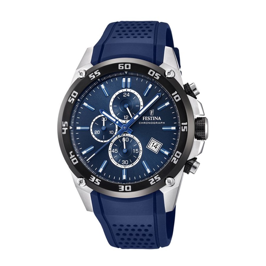 Orologi Festina Orologi Festina Uomo | Orologio Festina Uomo Collezione Chronograph In Acciaio Mm. 47 Con Quadrante Nero E Cinturino In Gomma Blu