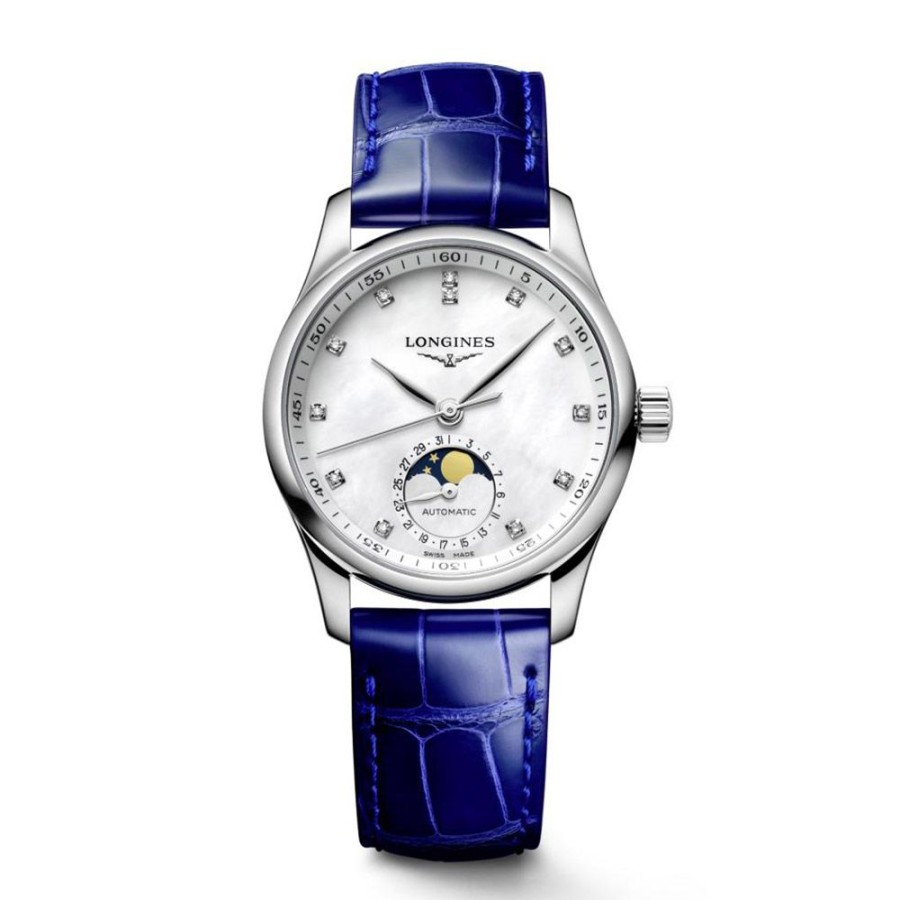 Orologi Longines Orologi Longines Donna | Orologio Longines Master Collection Fasi Lunari Acciaio Pelle Blu 34 Mm