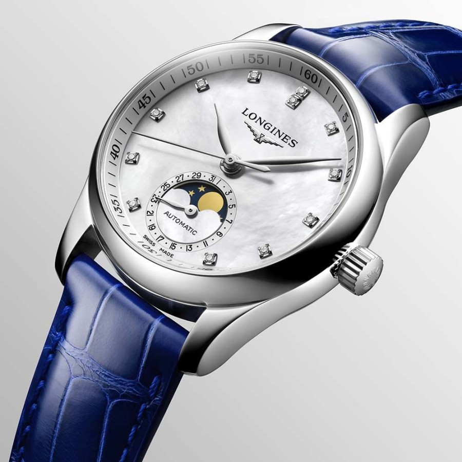 Orologi Longines Orologi Longines Donna | Orologio Longines Master Collection Fasi Lunari Acciaio Pelle Blu 34 Mm